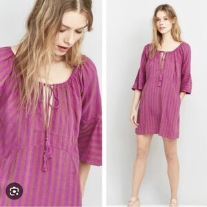 Free People magenta striped  Tunic Blouse or mini dress. small .pockets linen